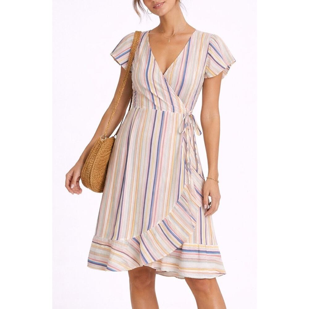 Kaari Blue Rainbow Stripe Wrap Dress Large Ruffle Boho Coastal Resort Beachy